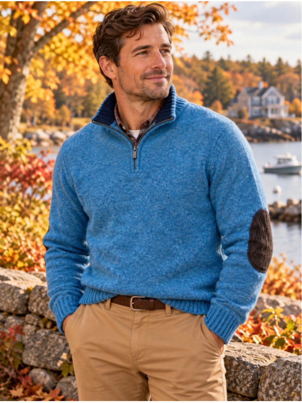 Vintage L.L.Bean Shetland Wool Quarter Zip Sweater Men's L Blue Corduroy Elbow P